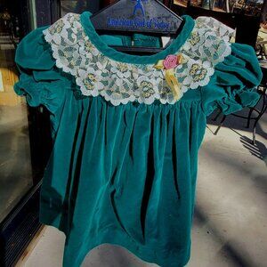 Well Made Dark Emerald Green Velvet, Lace Dress & Pantaloons 3-6 Months Vintage